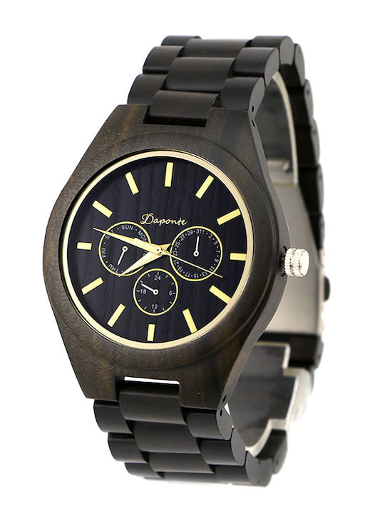 Daponte Men's Watch 45mm Battery with Black Wooden Bracelet