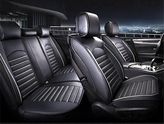 Car Seat Cover Set Front Back Faux Leather Black White Stripe