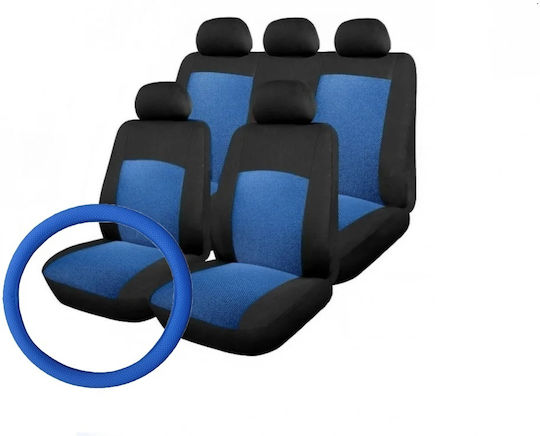 Set Universal De Huse Scaune Auto Față Spate Negru Albastru Material Textil Plus Husa Volan Din Piele Ecologică Albastră Perforată