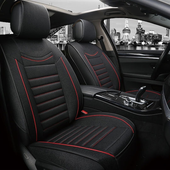 Universal Car Seat Covers Set Black Textile Material Red Stitching Front-back