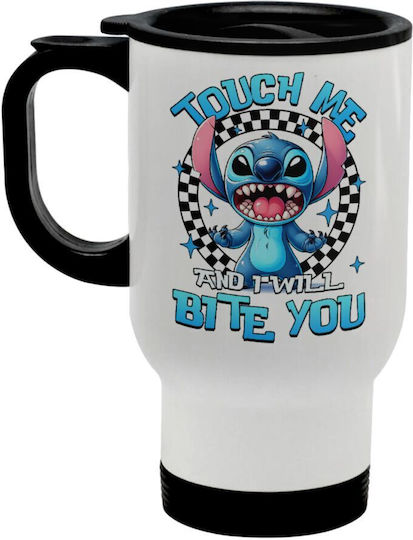 Koupakoupa Stitch Touch Me And I Will Bite You Stainless Steel Thermos Bottle 450ml White with Handle and Straw