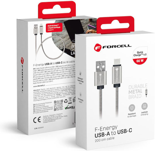 Forcell Regular USB 2.0 Cablu USB-C bărbătesc - USB-A 66W Argintiu 2m