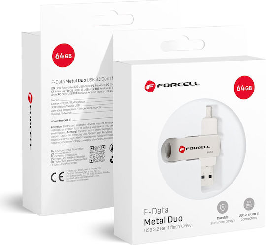 Forcell 64GB USB 3.2 Stick με σύνδεση USB-A & USB-C Ασημί