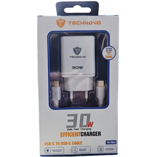 Technovo Charger with USB-A Port and USB-C Port and Cable USB-C - USB-C 30W Whites (TN-F043)