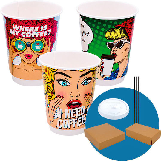Set 500 Paper Cups 14oz + 480 Transparent Pet Lids + 500 Biodegradable Straws + 200 Double Holders + 100 Quadruple Holders
