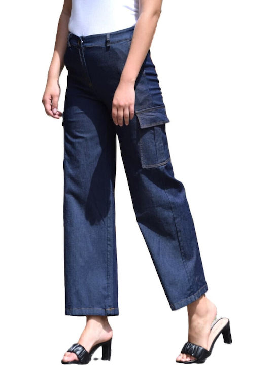 Women's High-waisted Fabric Cargo Trousers Straight Line Blue
