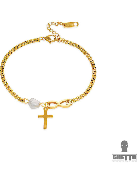 Ghetto Women's Bracelet with Cross design made of Steel Gold Plated with Pearls