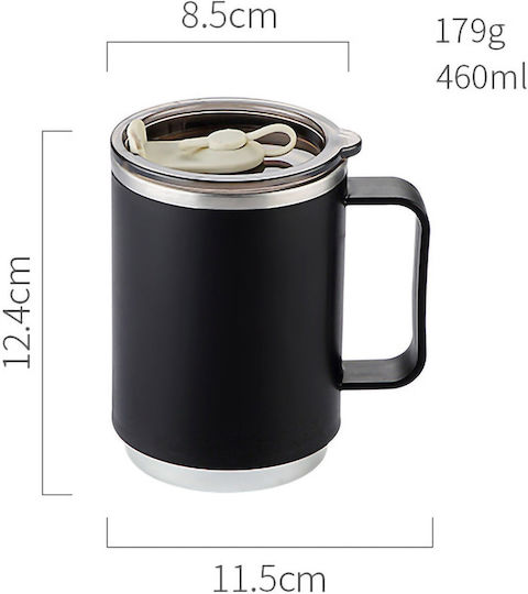 Uncle George Glass Thermos Stainless Steel / Plastic 460ml Handle Straw Black with Handle and Straw