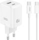 XO GaN с USB-A порт и USB-C порт и кабел USB-C - USB-C 45W Power Delivery / Quick Charge 3.0 Бял (CE36)