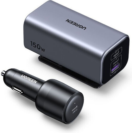 Ugreen EC706 Auto-Ladegerät 150W Schnellladung mit Anschlüssen: 1xUSB 1xType-C mit Kabel Eingebettet Gray Farbe