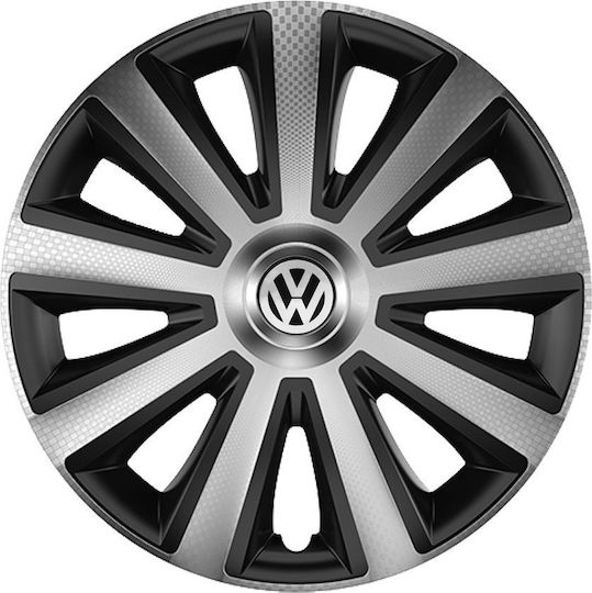 Versaco Set Car Hubcaps Aviator Carbon Logo VW 4 Pieces 14" Silver Black Ver876398