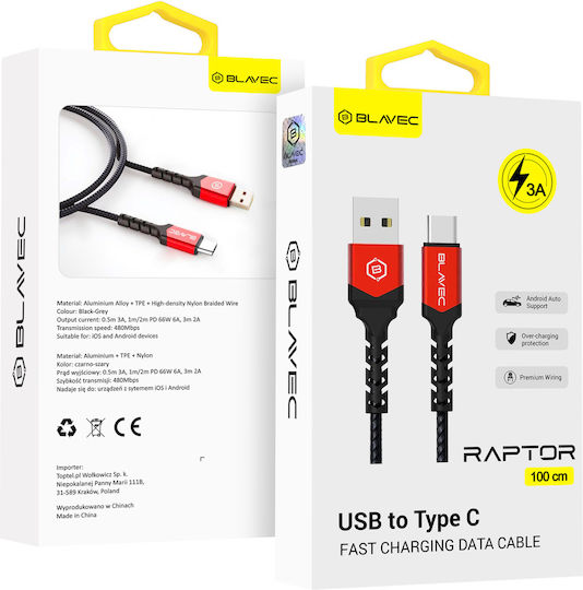 Blavec Raptor Плетена USB 2.0 Кабел USB-C мъжки - USB-A мъжки Черен 1м (tt97309)
