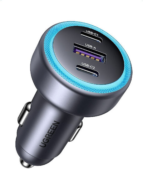 Ugreen EC307 Car Charger 30W 3A with Ports: 1xUSB 2xType-C