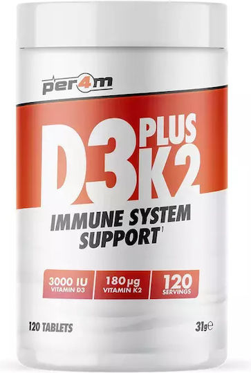 Per4m D3 Plus K2 Vitamina pentru Întărirea Sistemului Imunitar & Sănătatea Oaselor 3000iu 120 Tablete