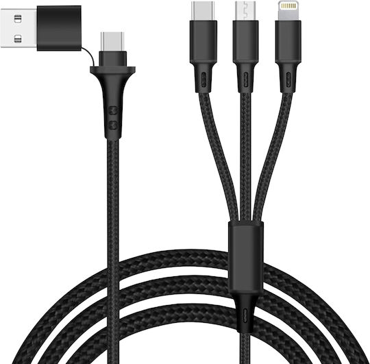 Akashi 5-в-1 Usb Usb-c Към Usb-c Micro Usb Lightning Зареждащ Кабел Черен