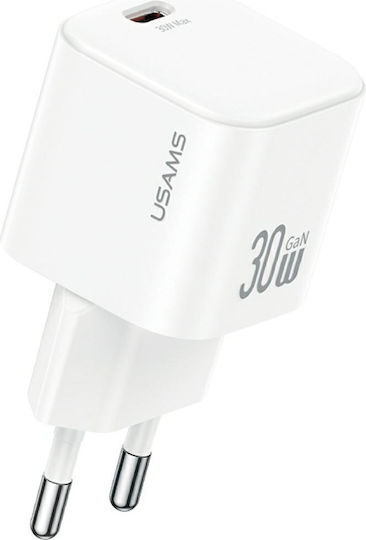 Usams Charger GaN with USB-C Port and Cable USB-C - USB-C 30W Power Delivery Whites (CC262)