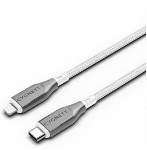 Cygnett Lightning Към USB-C 30W Серия Брониран Заряден Синхронизационен Кабел 1м Бял