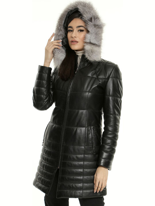 Damen Leder Jacke Schwarz Mit Pelziger Kapuze Code:stefania