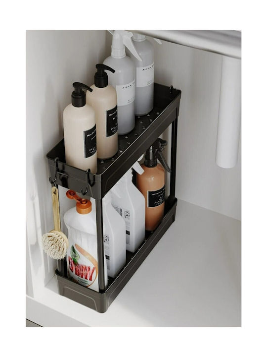 Femmit Multifunctional Sink Organizer Rack – 2-Tier Shelf with Hooks & Non-Slip Base Plastic Black 39x36x13 Cm