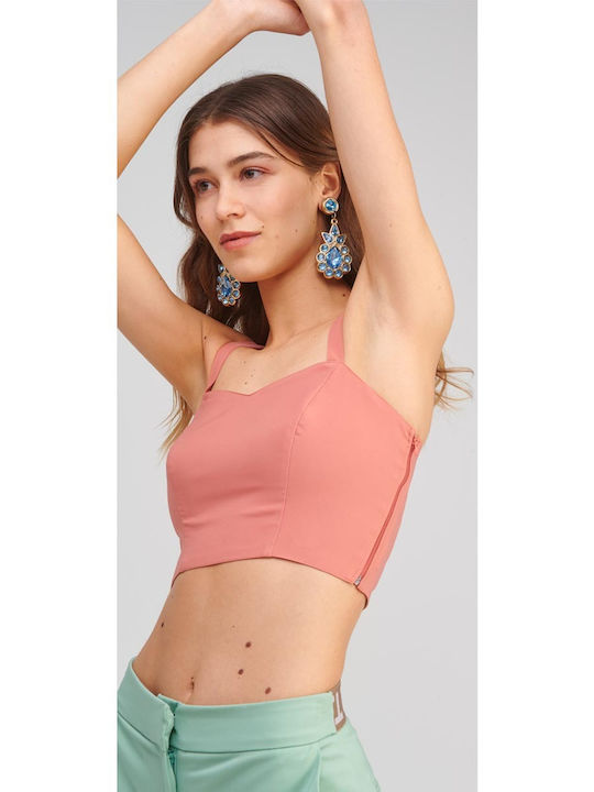 Γυναικείο Καλοκαιρινό Crop Top με Τιράντες Κοραλί