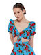 Women's Summer Blouse Short Sleeve with V Neckline Floral Blue-red