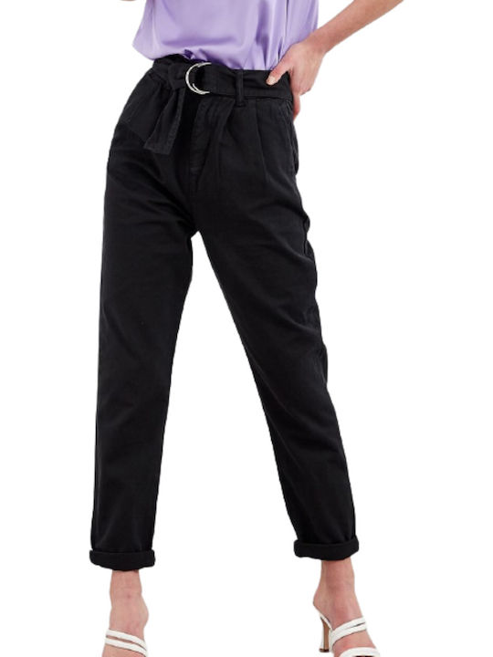 High Waist Women's Jean Trousers in Paperbag Fit Black