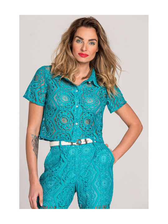 Women's Monochrome Short Sleeve Shirt Turquoise