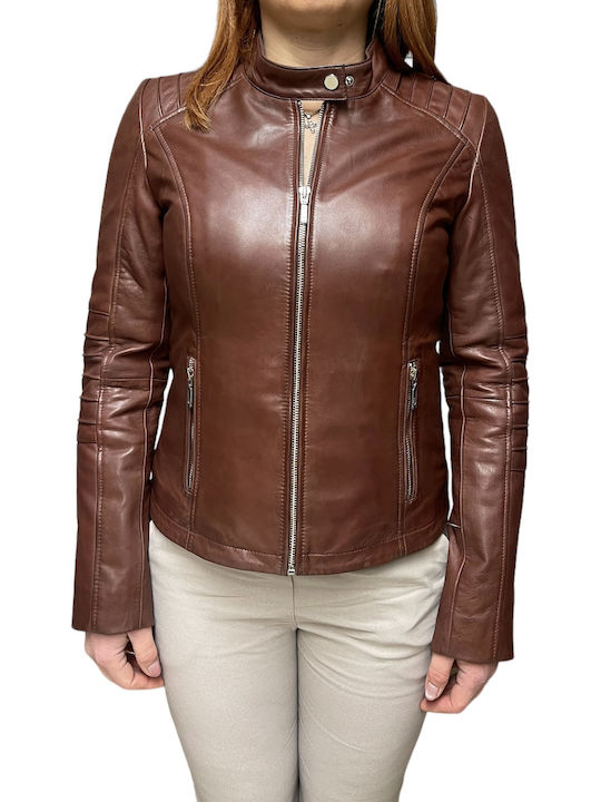 Δερμάτινο Γυναικείο Biker Jacket Καφέ