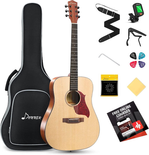 Tbd Donner Acoustic Guitar Full Size 4/4 Dreadnought Guitar Package 41 Inch Spruce Mahogany for Beginner With Gig Bag Tuner Strap Strings Capo Picks Dag-1