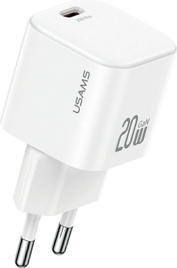 Usams Φορτιστής GaN με Θύρα USB-C και Καλώδιο USB-C - USB-C 20W Power Delivery Λευκός (CC260)