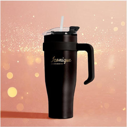 Handled Tumbler Stainless Steel 1.2L Black with Handle and Straw