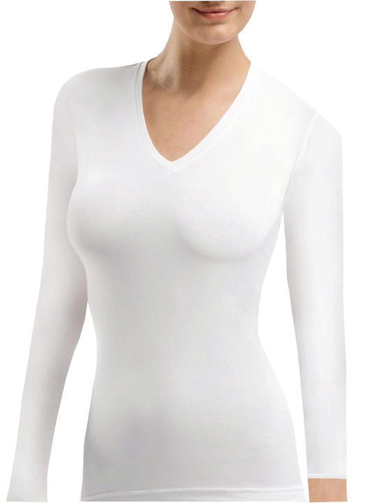 Diana 30046-2 Ελαστικό T-shirt Μακρύ Μανίκι Λαιμόκοψη V Λευκό