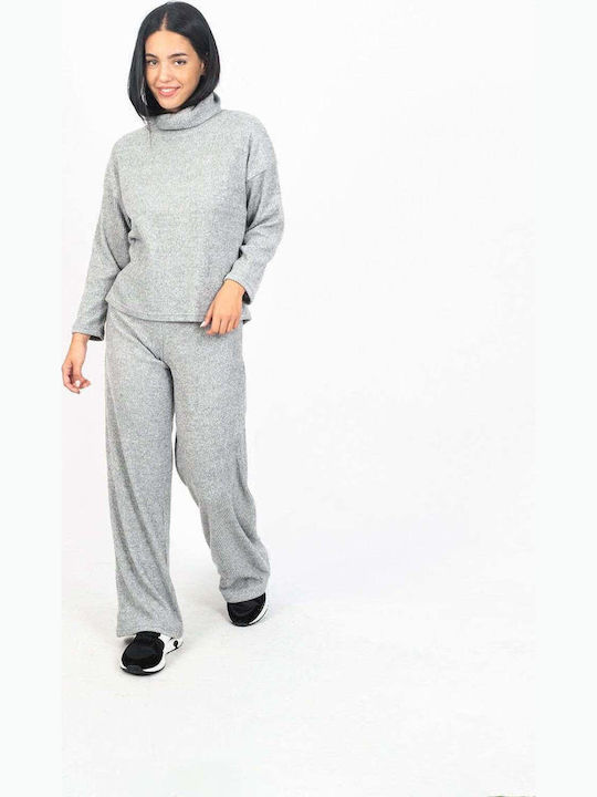 Set Pulover Tricotat Cu Guler Înalt Pantaloni Gri Melanj