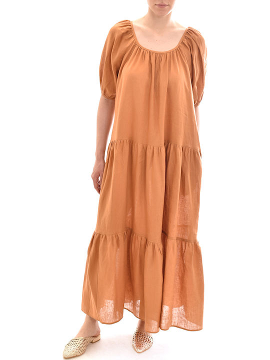 Milla Long Frilled Linen Dress Puffed Sleeves-chocola Καφέ S22m-130261-010