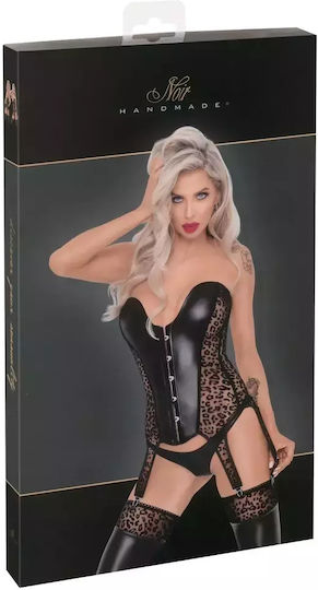 Black Sexy Leopard Print Corset 6 Suspender Straps Black L