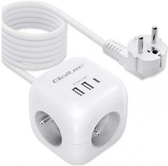 Qoltec Πολύπριζο Aσφαλείας με 2 USB-A, 1 USB-C, Διακόπτη και Καλώδιο 2m