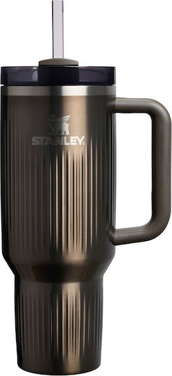 Stanley Quencher H2.O Fluted Becher mit Griff Thermosflasche Rostfreier Stahl BPA Frei 1.18lt Wisteria Glanz mit Stroh und Handgriff