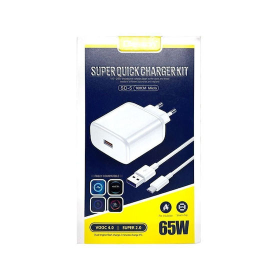 Handyladegerät mit USB-A Ausgangsanschlüsse und Micro-USB Kabel 65W Weiß (Olesson Sd-5)