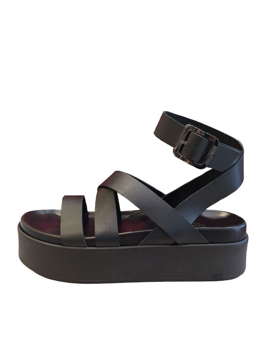 Leather Women's Flat Sandals in Black Color