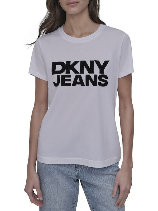 DKNY Лого Дамска Блуза Памучна Къс Ръкав Бяла