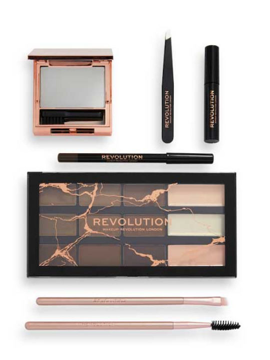 Set Kit Conturare Sprâncene Machiaj Revolution Beauty Pensetă Sprâncene Negru Lipici Sprâncene Perie Sprâncene Geantă De Machiaj Textilă Neagră Perie Sprâncene Precizie Spoolie Creion Cremă Definitor Lipici Sprâncene Maro 0.38 G Ultra Brow
