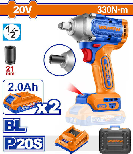 Wadfow WCD1B33E Brushless Μπουλονόκλειδο Μπαταρίας 20V 2x2Ah με Υποδοχή 1/2"