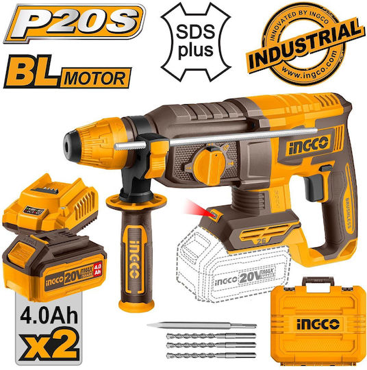 Ingco Κρουστικό Σκαπτικό Πιστολέτο Μπαταρίας Brushless 20V 2x4Ah με Υποδοχή SDS Plus CRHLI202682E