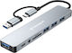 Techsuit Databridge 8-in-1 (H9) USB-Hub 5 Schnittstellen USB 3.2 mit Anschluss an einen Computer USB-A / USB-C Graues