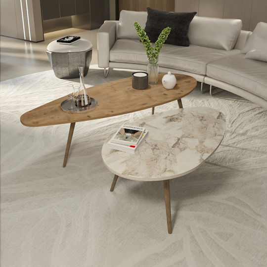 Oval Central Coffee Table Monty Wooden Natural Beige Marble 2 Pieces W116xL46xH46cm