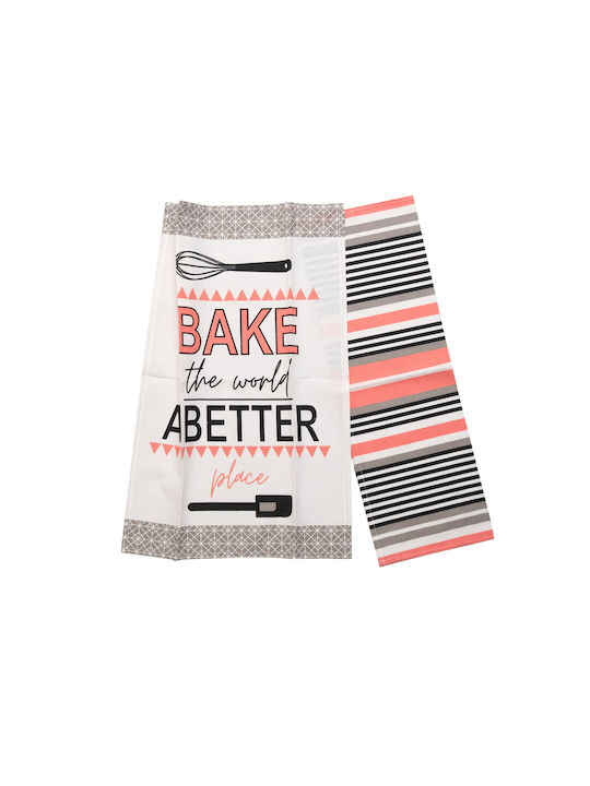 Set of 2 Printed Cotton Tea Towels 40x60 Coral