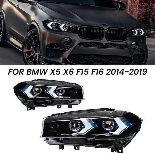Front Lights Set Bmw X5 F15 2013-2018 X6 F16 2014-2019 Conversion To G05 G06 Look Black