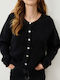 Lange Gestrickte Damen Strickjacke mit Knöpfen Schwarz