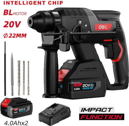 Deli Κρουστικό Σκαπτικό Πιστολέτο Μπαταρίας Brushless 20V 2x4Ah με Υποδοχή SDS Plus DE-DC20-2D4