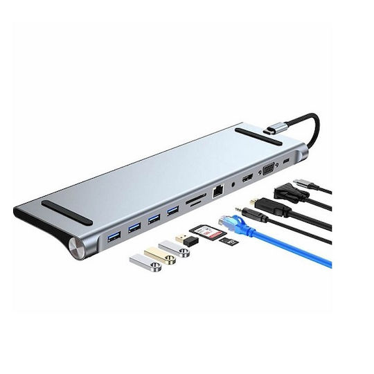 A-014 USB-C Докинг станция с HDMI 4K PD Ethernet Сребрист